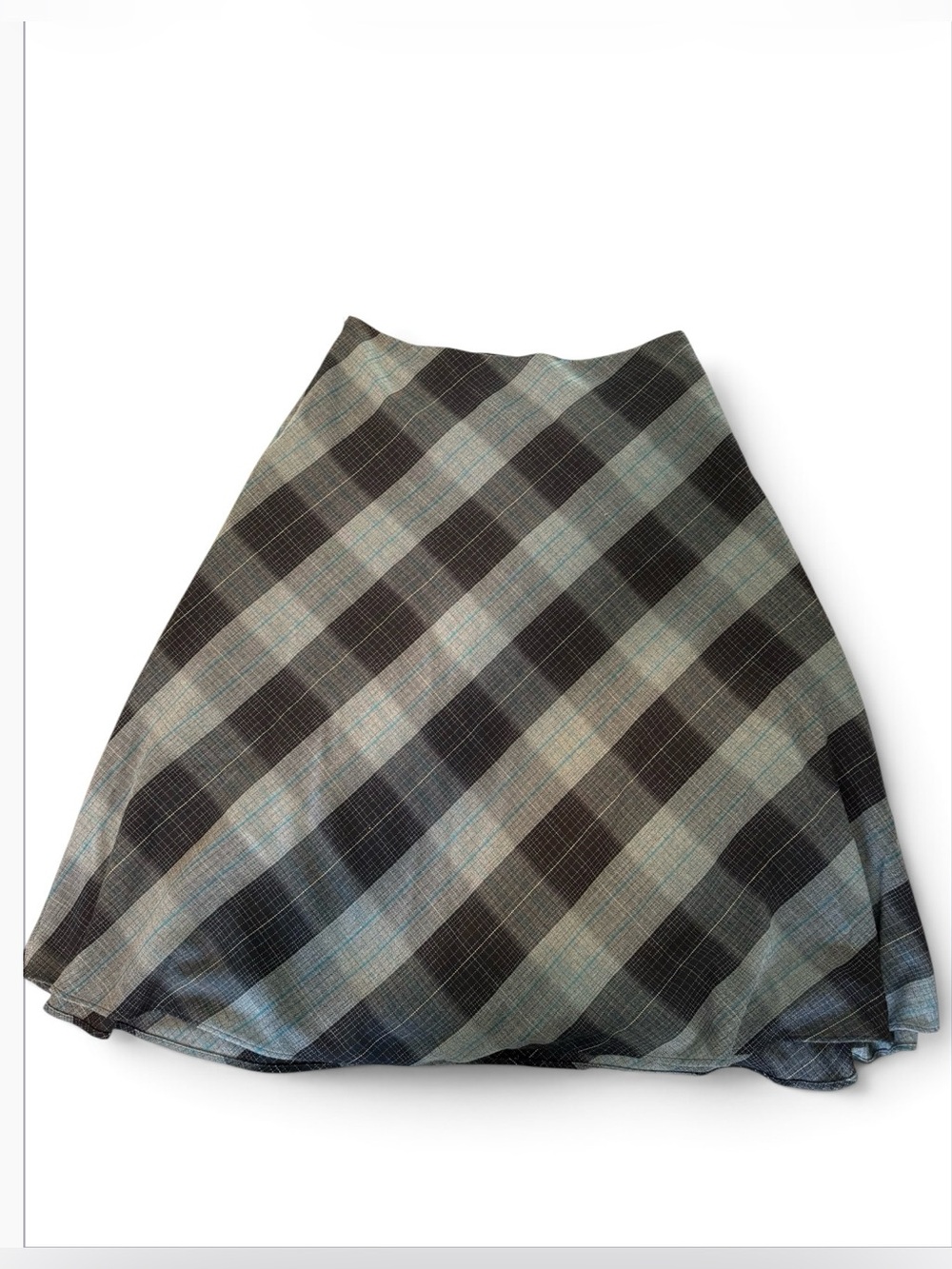 JonesWear Stretch Plaid A-Line Skirt Size 14 Blue Gray Black Gold